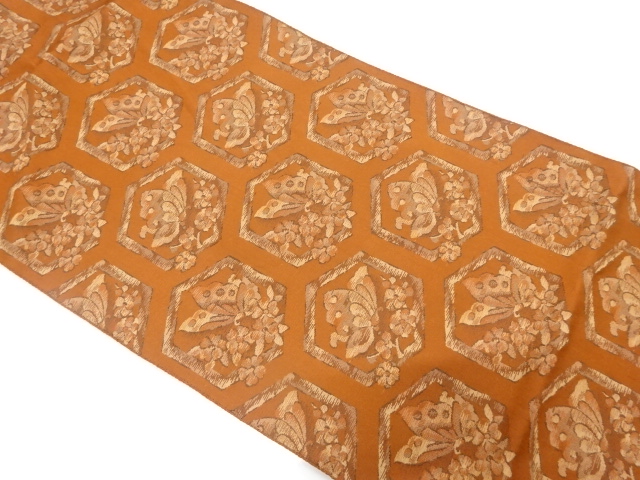 JAPANESE KIMONO / ANTIQUE NAGOYA OBI / SILK / WOVEN KIKKO WITH FLOWER